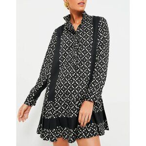New Tnuck Tate 100% Tencel Geo Mini Shirtdress Black White S $228
